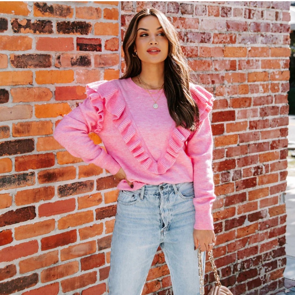 Vici Dianna ruffle knit sweater, pink, small